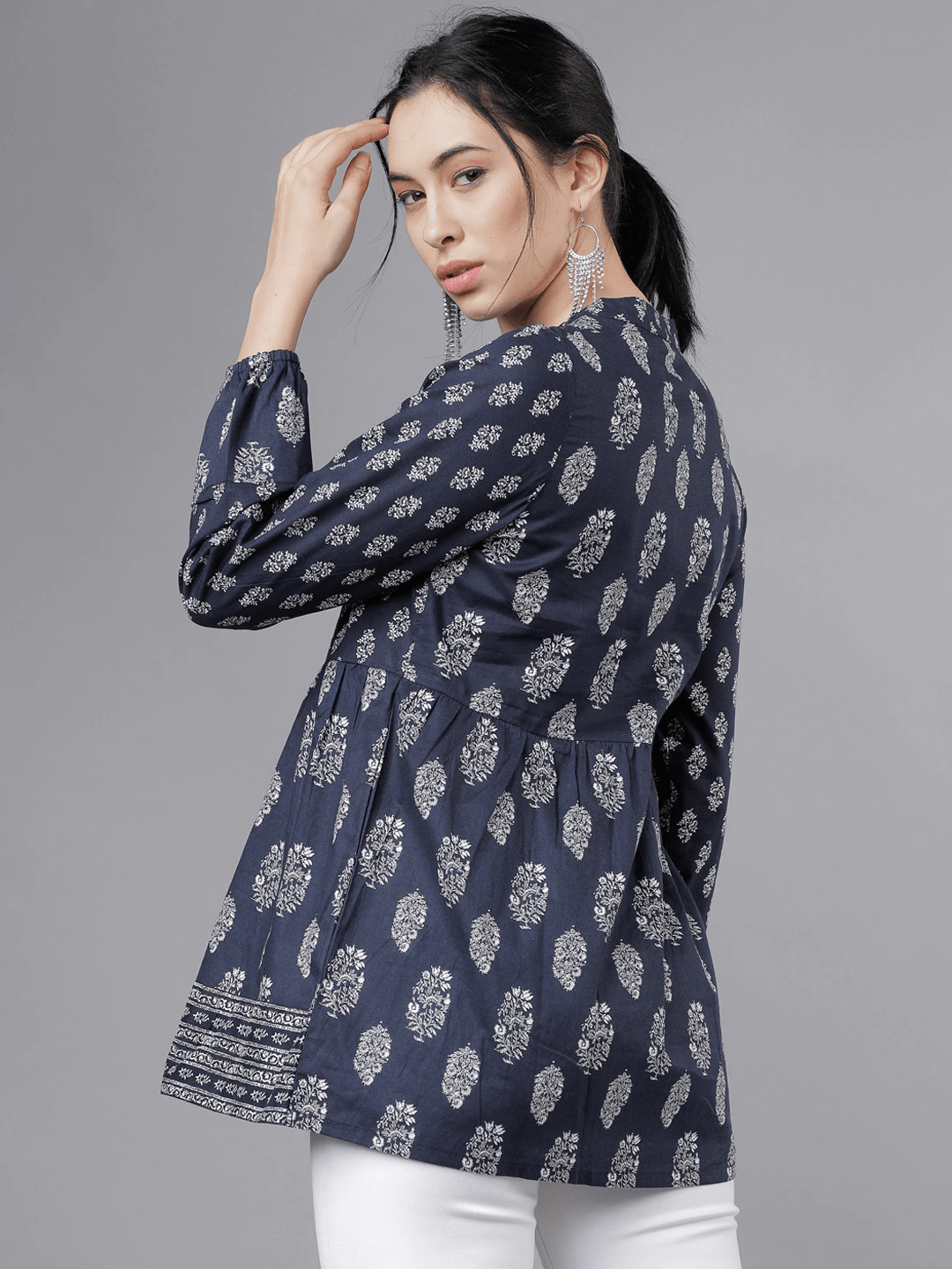 Women Navy Blue & White Printed Tunic