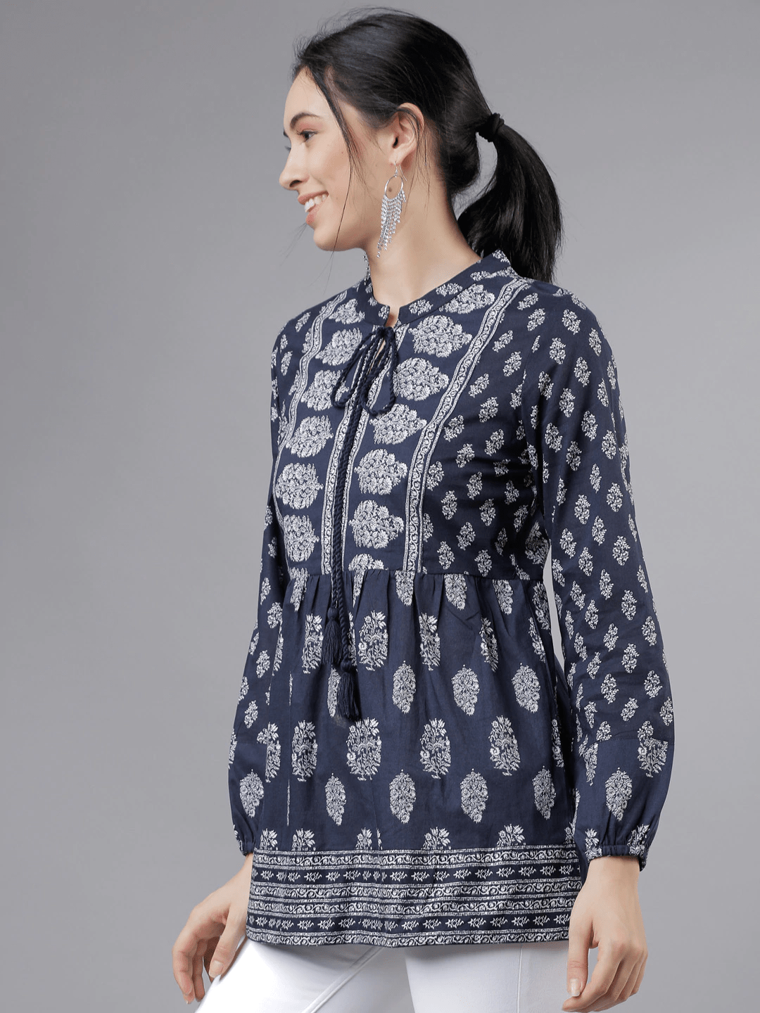Women Navy Blue & White Printed Tunic