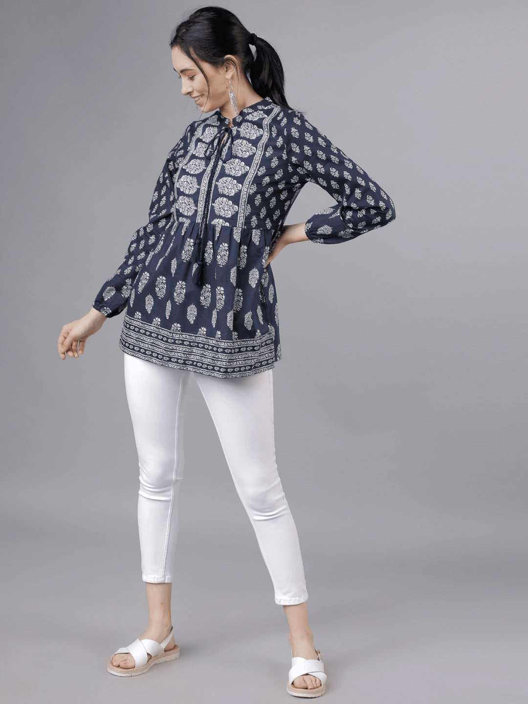 Women Navy Blue & White Printed Tunic